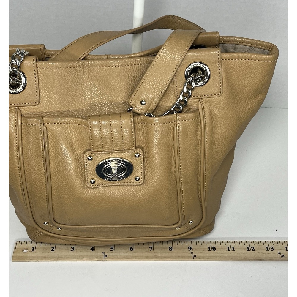Calvin Klein Womens Leather Tote Purse Tan TurnLock Pocket Minimalist Half Chain - Picture 8 of 11